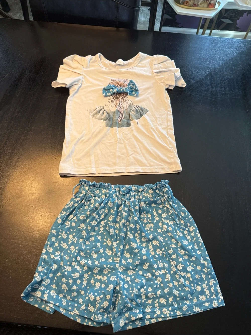 Girls Blue Floral Shorts and Cream Top Pajama Set